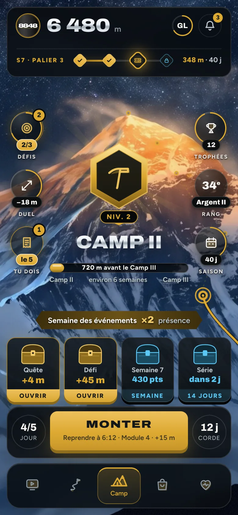 L’écran Camp de base de l’app 8848